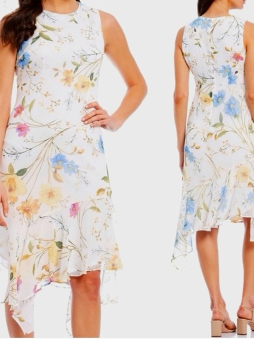 Calvin Klein Watercolor Floral Asymmetric Midi Dress White Sleeveless Flowy 14